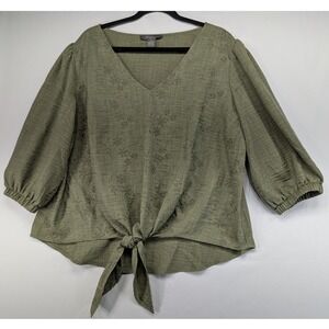 Olivia Martin Olive Green Embroidered Tie Front V Neck Puff Sleeve Blouse Top 2X